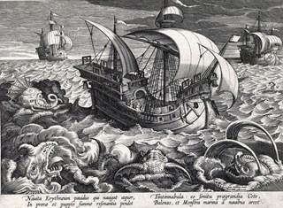 Oorlogschip met zeemonsters rondom een schip, Adriaen Collaert, ca.1594-1598. Rijksmuseum.