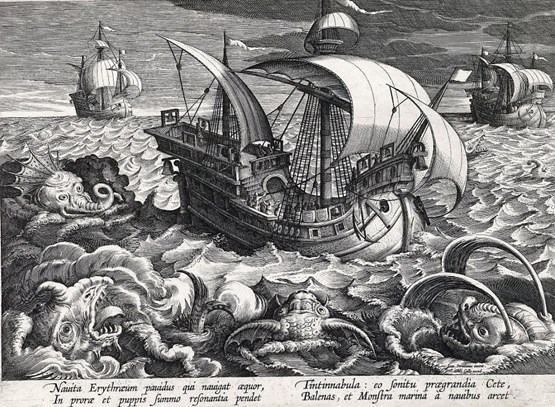 Oorlogschip met zeemonsters rondom een schip, Adriaen Collaert, ca.1594-1598. Rijksmuseum.