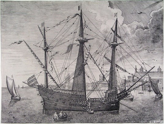Oorlogschip, Gravure van  Frans Huys, Bruegel