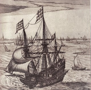 Marineschip met gezicht op het fort van Rammekens, Robert de Baudous, 1591 – 1659. Rijkmuseum