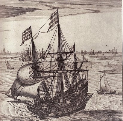 Marineschip met gezicht op het fort van Rammekens, Robert de Baudous, 1591 – 1659. Rijkmuseum