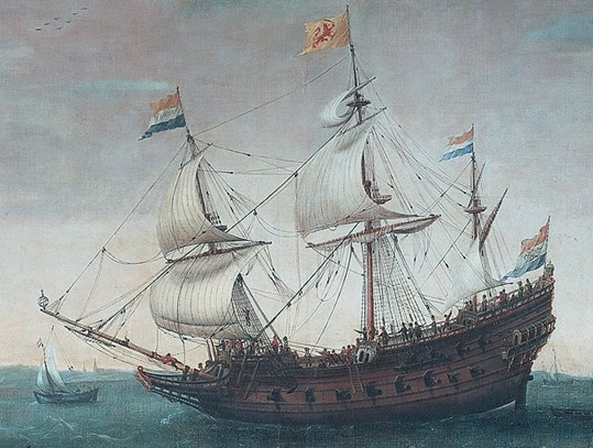 Het schip Mauritius. Detail uit een schilderij van Hendrick Cornelisz Vroom (datering circa 1600 - 1630).
