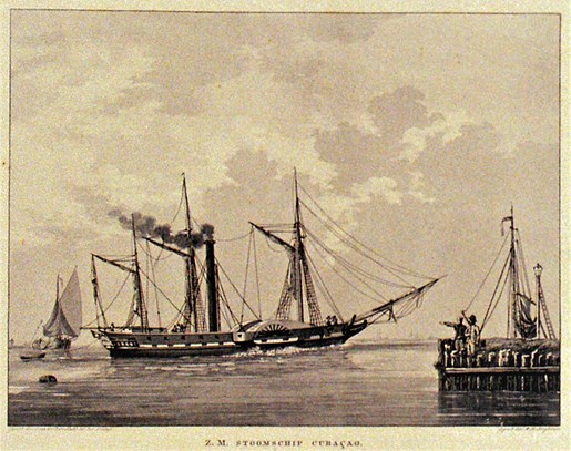 Zr.Hr. Raderstoomzeilschip Curaçao. Gravure W.H.Hoogkamer naar de tek.C.v.d.Hart,1886.