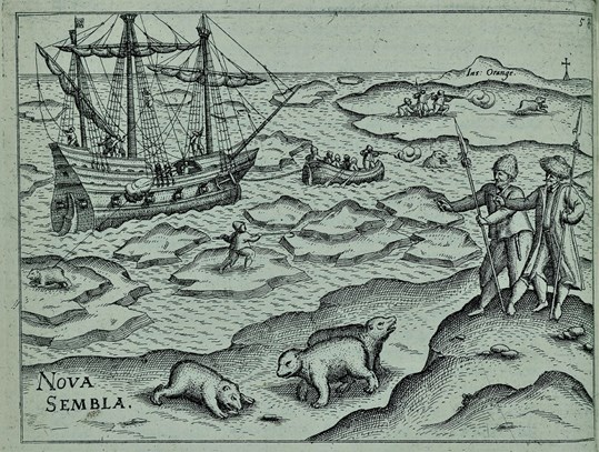 Schip van Barentsz bji de Oranje-eilanden, 1596.Rijksmuseum.