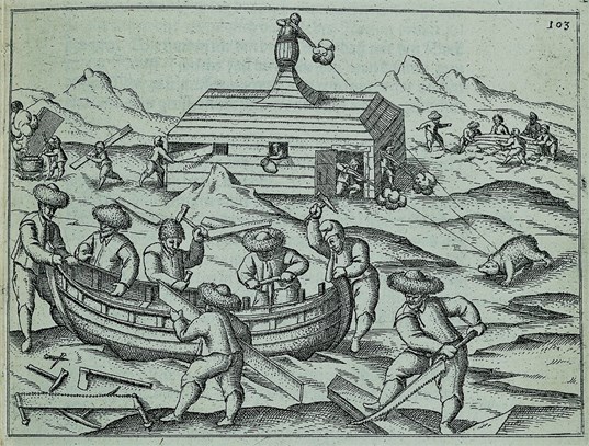Timmerwerk aan de sloep,1597,anoniem, naar Gerrit de Veer,1598.Rijksmuseum.