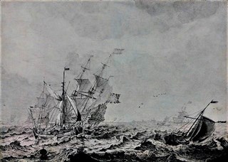 Een oorlogsfregat en ander scheepsverkeer in stormachtig weer. Matthias Withoos