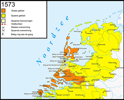 De inval van de Spanjaarden in 1573. De Tachtigjarige Oorlog begon in 1568 en eidigde in 1648