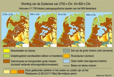 Een serie Paleogeografische kaarten  geven de wording van de Zuiderzee aan. Kaarten ontwikkeld door dr.W.H. Zagwijn, 1986. COR. TNO-2011.